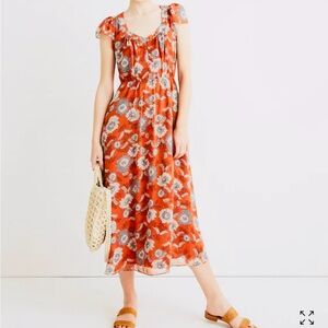 Madewell Petite Sheer-Sleeve Button-Front Midi Dress in Gathered Blooms
